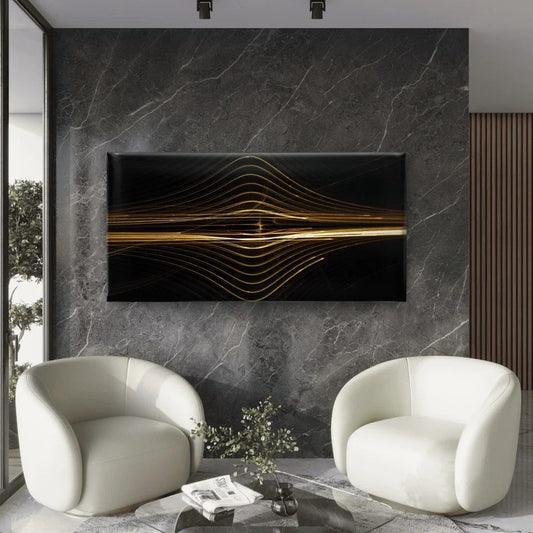 Golden Lines Waves Abstract Wall Art Canvas Office Home Room Framed 80x45cm