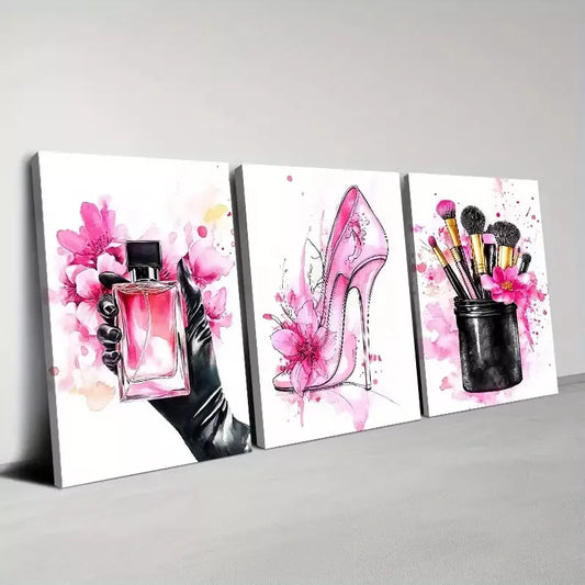 3pcs Chic Ladies Fashion with Pink Cosmetics Wall Art Set Canvas Framed 40x60cm - High Quality Print 100% Australian Made Wall Canvas Ready to Hang