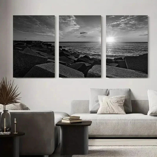 3pcs Black and White Coastal Sunset Geometric Metal Print Ready to Hang Art