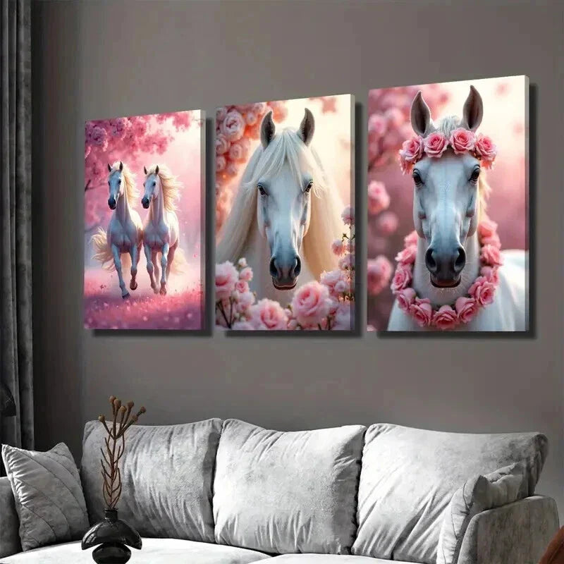 3pcs Horse Pink Floral Background Beautiful Wall Art Set Canvas Framed 40x60cm - High Quality Print 100% Australian Made Wall Canvas Ready to Hang