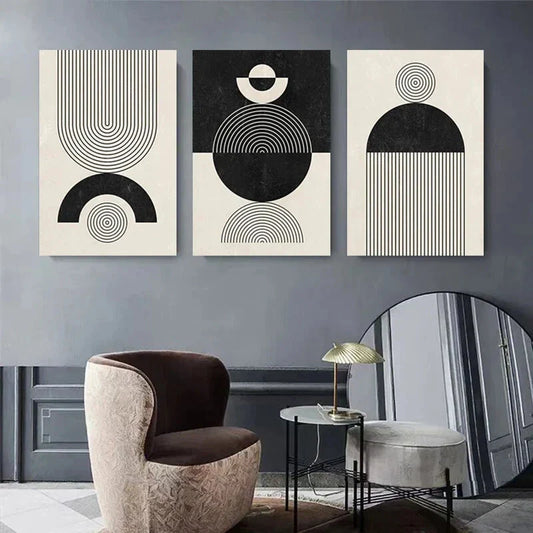 3pcs Black and White Abstract Geometric Shapes Metal Print Ready to Hang Art