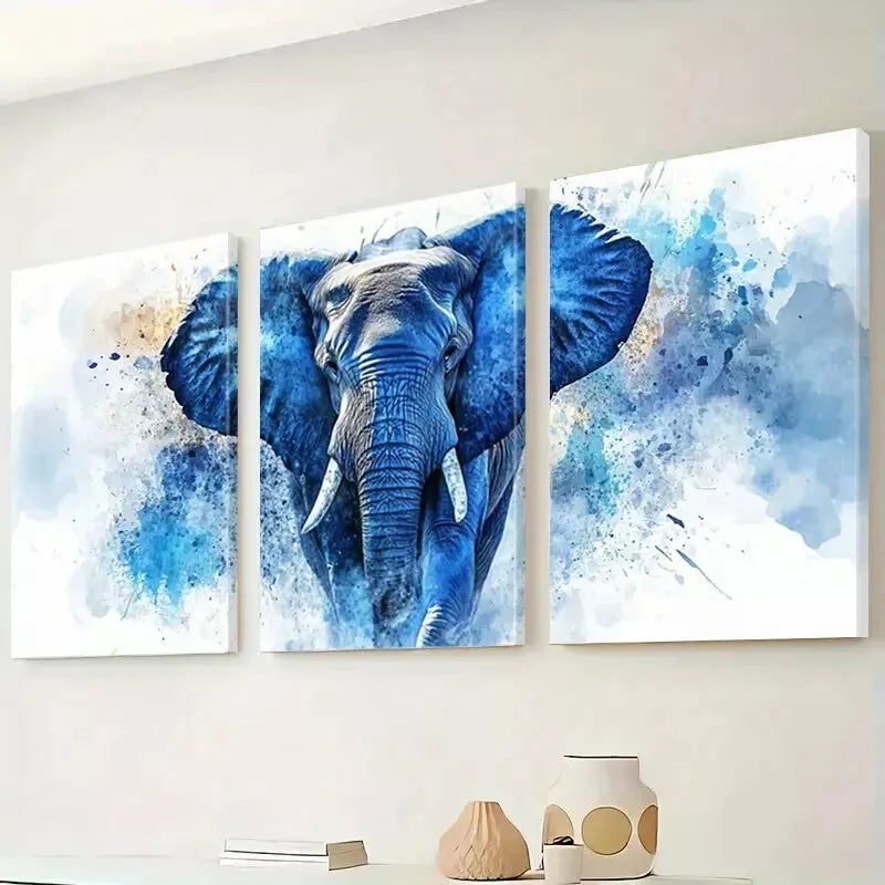 3pcs Majestic Watercolor Textured Blue Elephant Wall Art Set Canvas Framed 40x60cm - High Quality Print 100% Australian Made Wall Canvas Ready to Hang