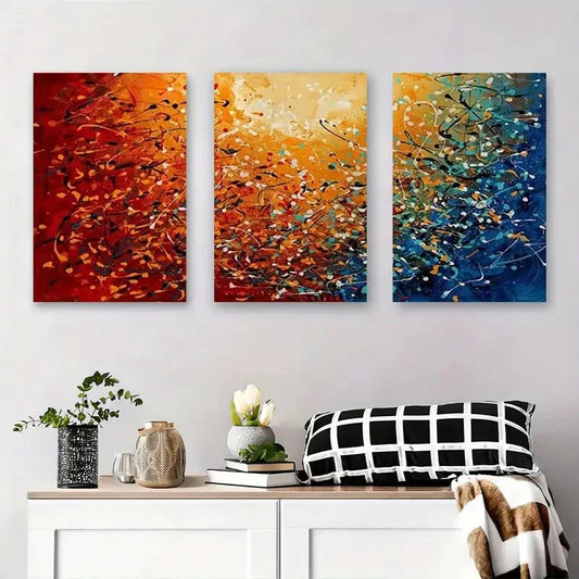 3pcs Abstract Orange & Teal Paint Splatter Metal Print Ready to Hang Art