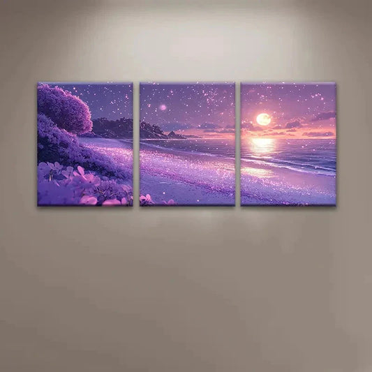 3pcs Dreamy Purple Flower Sea Starry Sky Metal Print Ready to Hang Art