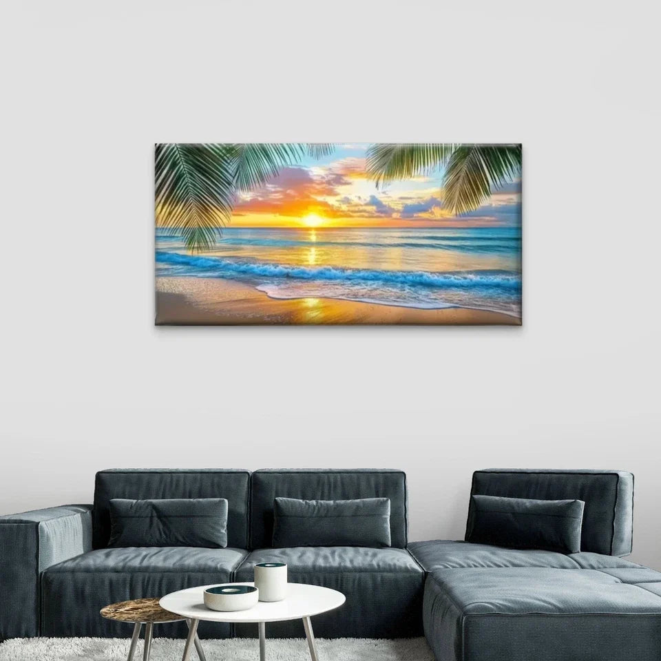 Palm Trees Waves Beach Wall Art Canvas Office Home Room Framed 120x60cm