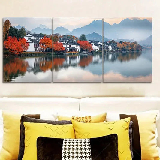3pcs Vibrant Red Trees & Reflective Water Metal Print Ready to Hang Art