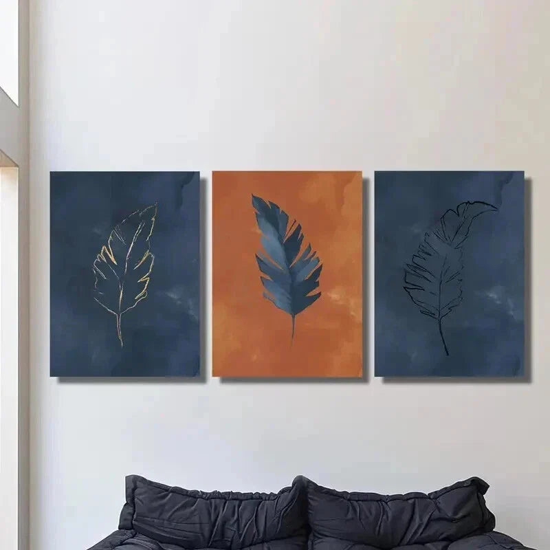 3pcs Luxury Blue and Orange Feather Wall Art Set Canvas Framed 40x60cm - High Quality Print 100% Australian Made Wall Canvas Ready to Hang