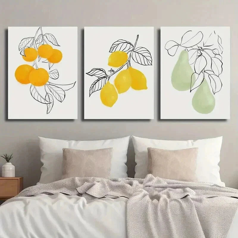 3pcs Line Drawing of Orange Lemon Pear Wall Art Set Canvas Framed 40x60cm - High Quality Print 100% Australian Made Wall Canvas Ready to Hang