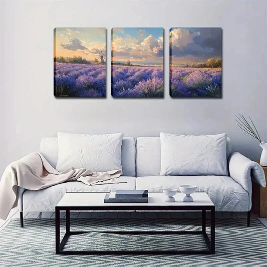 3pcs Endless Lavender Field Triptych Wall Art Set Canvas Framed 40x60cm - High Quality Print 100% Australian Made Wall Canvas Ready to Hang