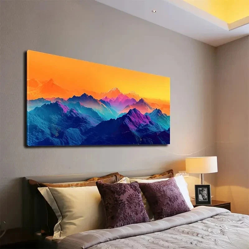 Vibrant Sunset Peaks Hues Wall Art Canvas Office Home Room Framed 120x60cm