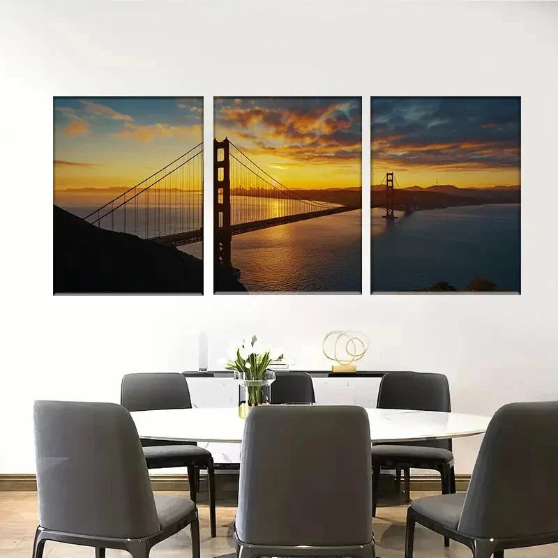 3pcs Golden Gate Bridge Vibrant Sunset Scenery Metal Print Ready to Hang Art