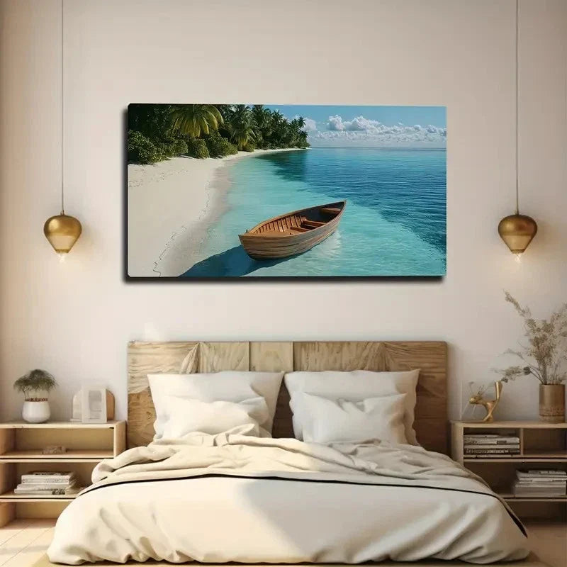 Wooden Boat & Palm Trees Wall Art canvas office home room framed 120x60cm