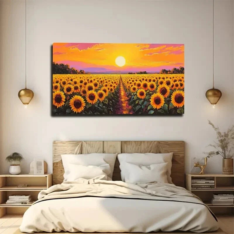 Depicts Sunflower Field Sunset Wall Art Canvas Office Home Room Framed 120x60cm