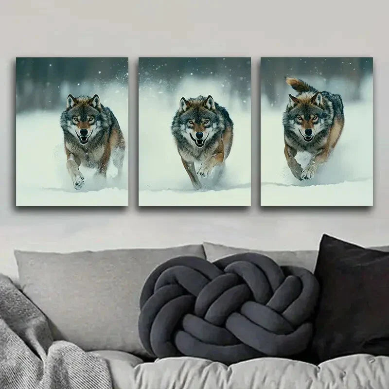 3pcs Paintings Featuring a Fierce Wolf Pack Metal Print Ready to Hang Art