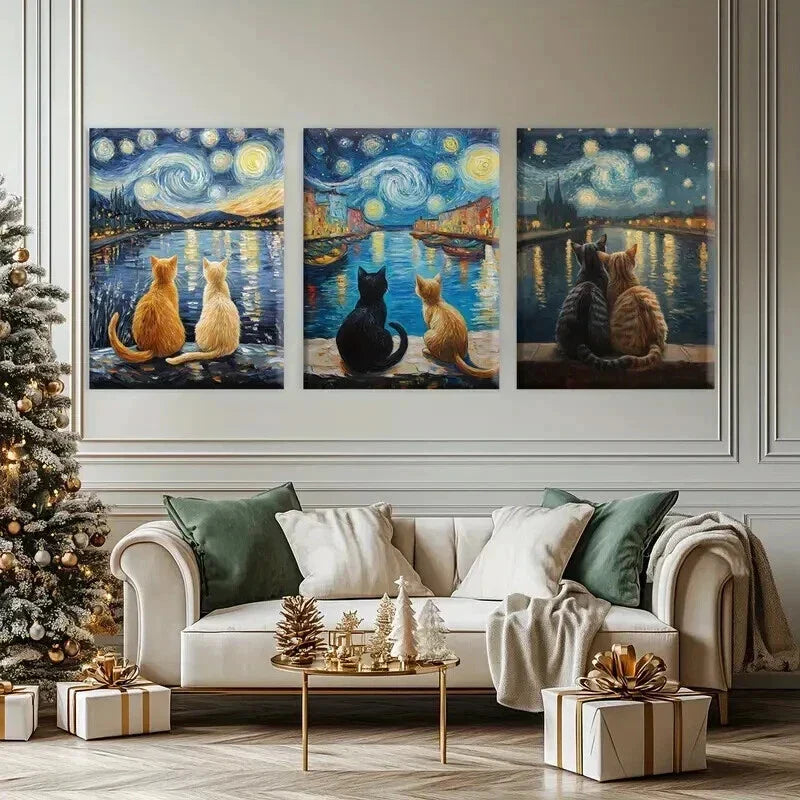 3pcs Cats Gazing at Night Starry Sky Wall Art Set Canvas Framed 40x60cm - High Quality Print 100% Australian Made Wall Canvas Ready to Hang
