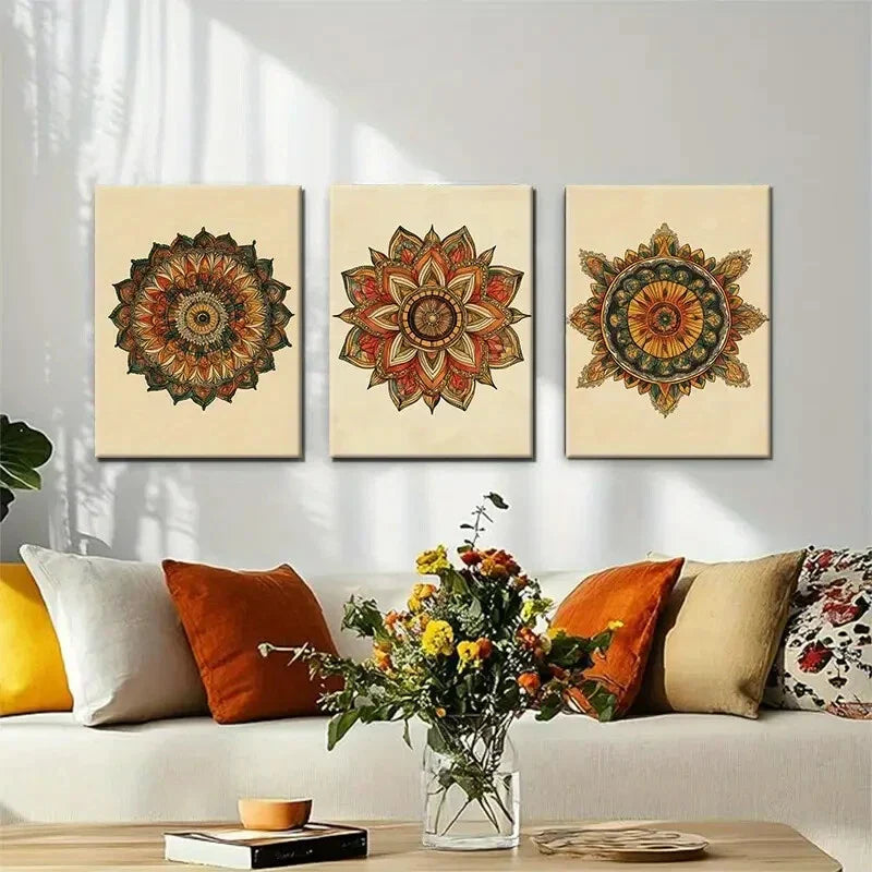 3pcs Mandala Floral Vibrant Style Perfect Wall Art Set Canvas Framed 40x60cm - High Quality Print 100% Australian Made Wall Canvas Ready to Hang