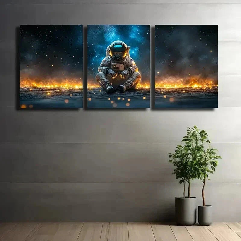 3pcs Astronaut Sitting On The Ground with Stars Wall Art Set Canvas Framed 40x60cm - High Quality Print 100% Australian Made Wall Canvas Ready to Hang