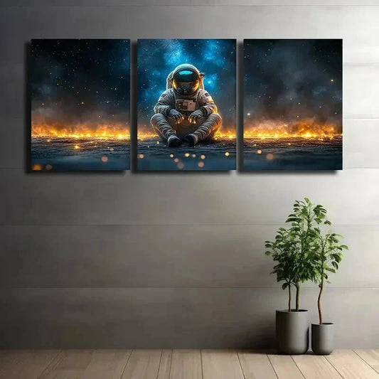 3pcs Astronaut Sitting On The Ground with Stars Wall Art Set Canvas Framed 40x60cm - High Quality Print 100% Australian Made Wall Canvas Ready to Hang