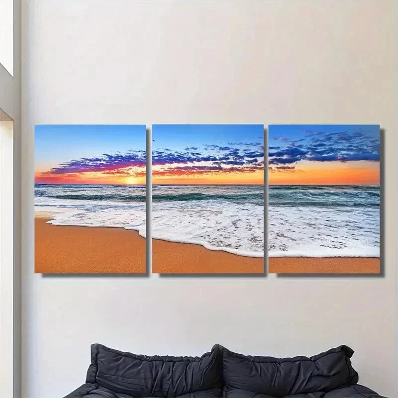 3pcs Beach Sunset Triptych Seascape with Sandy Metal Print Ready to Hang Art