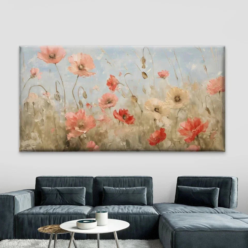 Poppy Flower Field Wall Art Canvas Office Home Room Framed 80x45cm