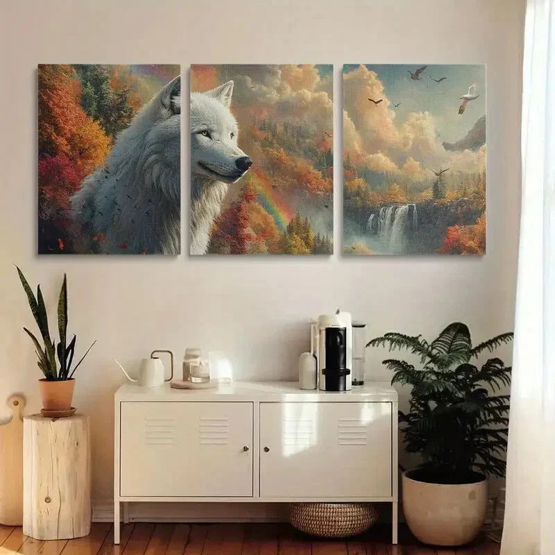 3pcs Wolf Golden Painting Quality Metal Print Ready to Hang Art