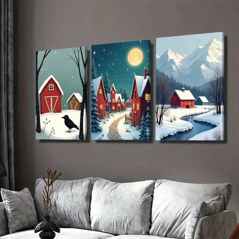 3pcs Cozy Winter Village Snowy Night Scene Wall Art Set Canvas Framed 40x60cm - High Quality Print 100% Australian Made Wall Canvas Ready to Hang