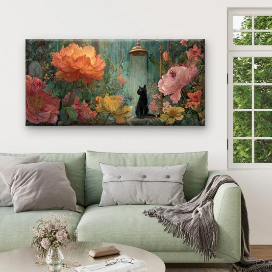 Black Cat in Floral Garden Wall Art Canvas Office Home Room Framed 80x45cm
