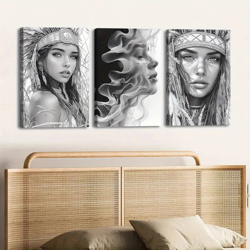 3pcs Elegant Abstract Ladies Gray & White Native Wall Art Set Canvas Framed 40x60cm - High Quality Print 100% Australian Made Wall Canvas Ready to Hang