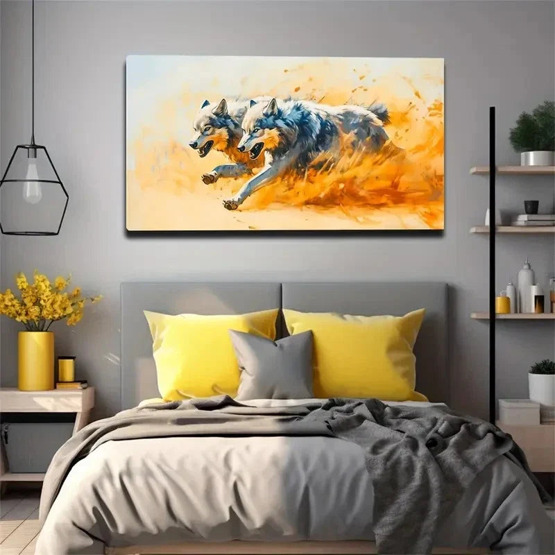 Running Wolf Suitable Wall Art Canvas Office Home Room Framed 120x60cm