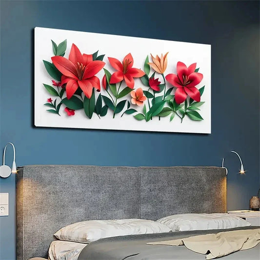 Vibrant Red Lilies Greenc Leave Wall Art Canvas Office Home Room Framed 120x60cm