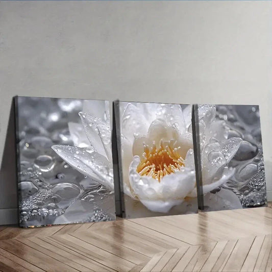 3pcs White Lotus Flowers Beauty Water Decorating Wall Art Set Canvas Framed 40x60cm - High Quality Print 100% Australian Made Wall Canvas Ready to Hang