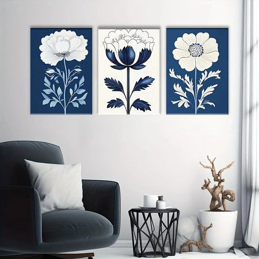 3pcs Blue Floral Colourful White Leaves Metal Print Ready to Hang Art