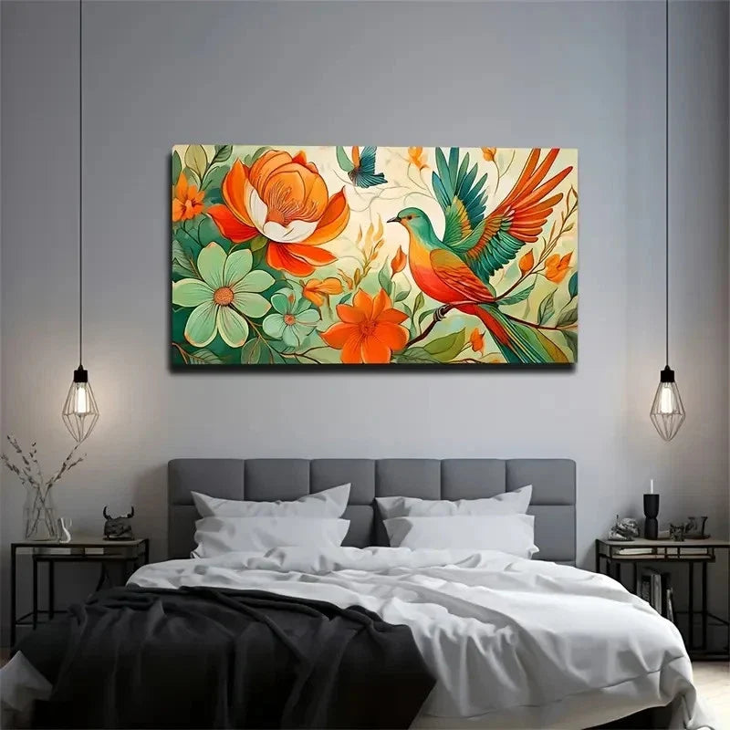 Vibrant Floral And Bird Harmony Wall Art Canvas Office Home Room Framed 120x60cm