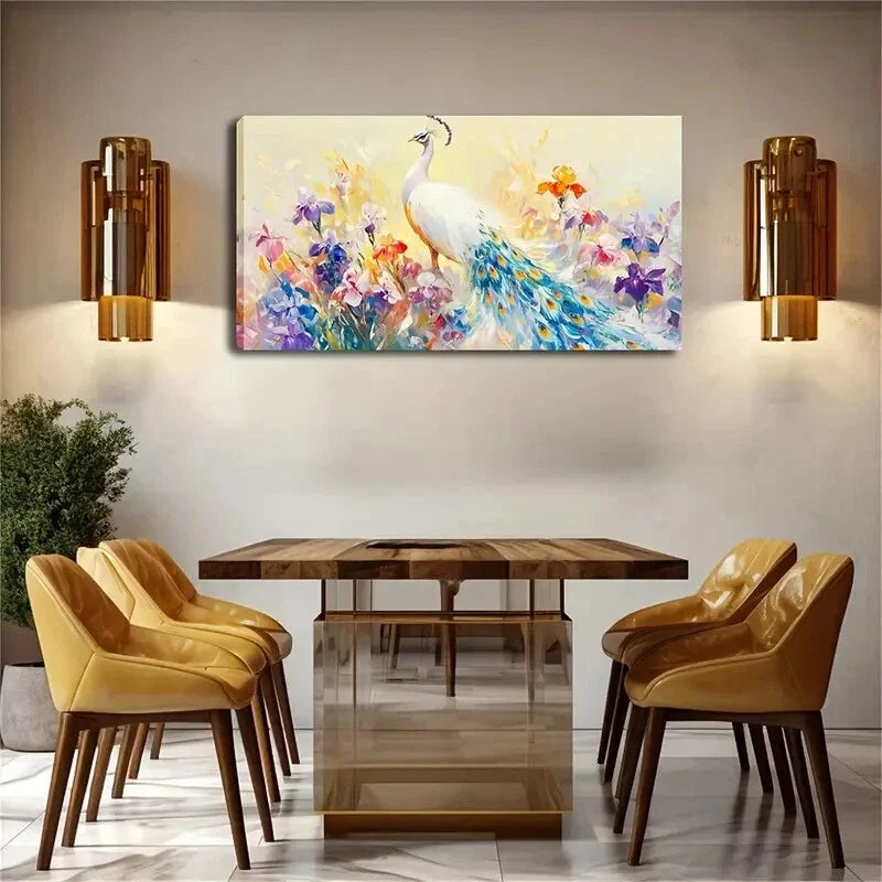 White Peacock Surrounded Flower Wall Art Canvas Office Home Room Framed 120x60cm