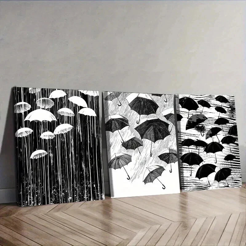 3pcs Black White Umbrellas in the Wind and Rain Wall Art Set Canvas Framed 40x60cm - High Quality Print 100% Australian Made Wall Canvas Ready to Hang