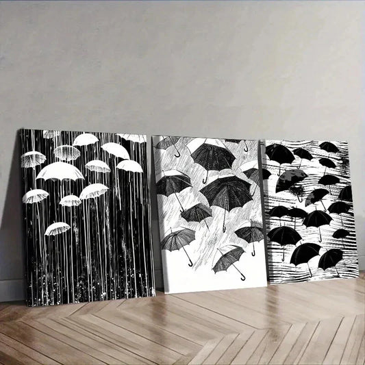 3pcs Black White Umbrellas in the Wind and Rain Wall Art Set Canvas Framed 40x60cm - High Quality Print 100% Australian Made Wall Canvas Ready to Hang