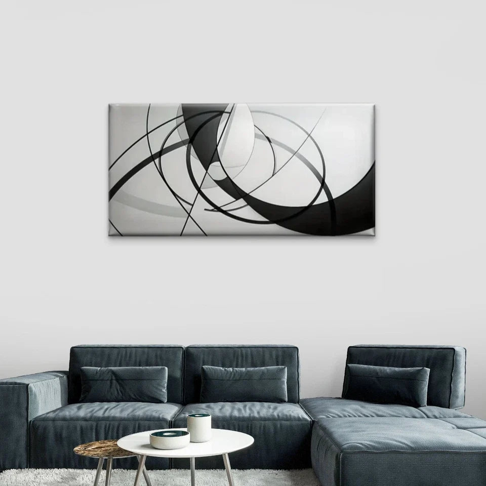 Black White Circular Design Wall Art Canvas Office Home Room Framed 120x60cm