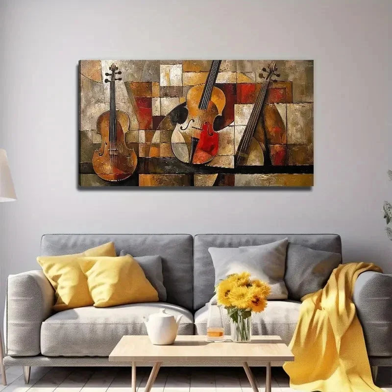 Three Abstract Guitars Wall Art Canvas Office Home Room Framed 120x60cm.