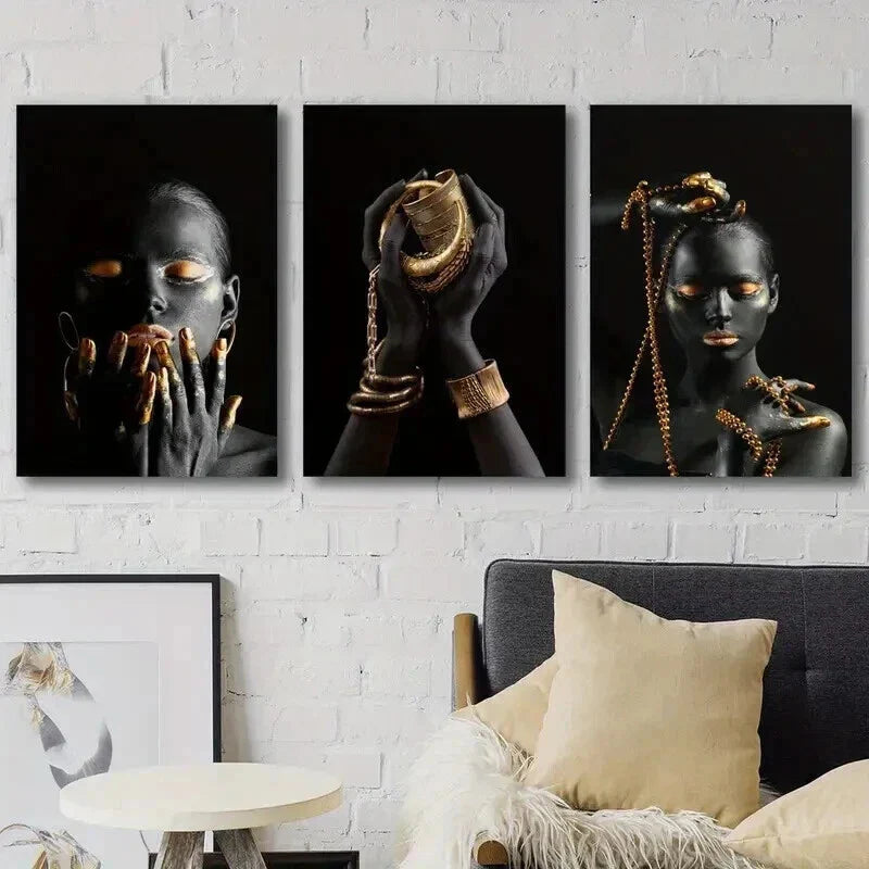 3pcs Black Woman Hands Wearing Golden Jewelry Wall Art Set Canvas Framed 40x60cm - High Quality Print 100% Australian Made Wall Canvas Ready to Hang