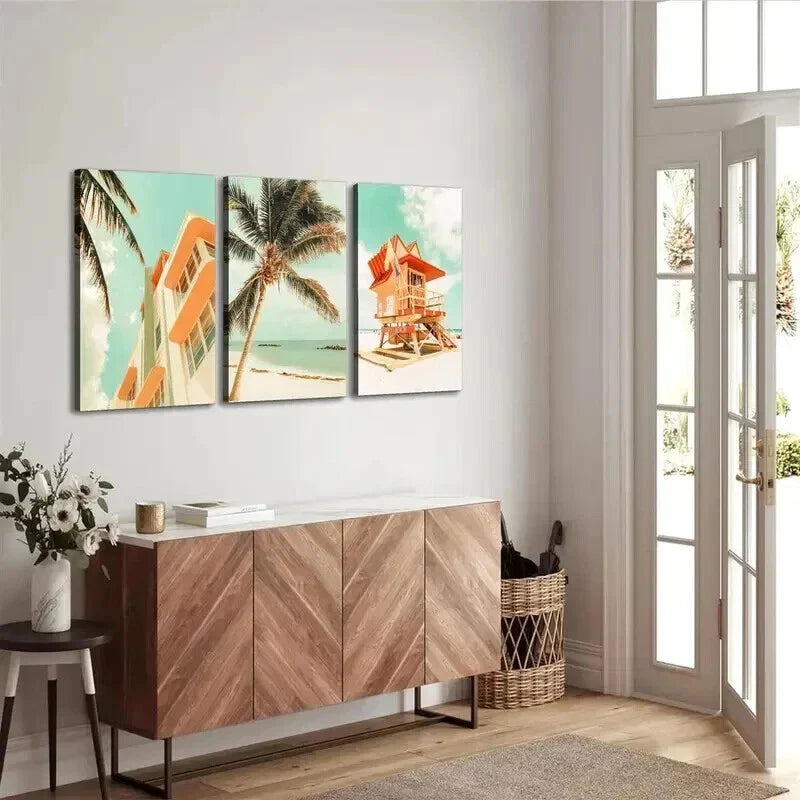 3pcs Miami Beach Palm Trees & Lifeguard Tower Wall Art Set Canvas Framed 40x60cm - High Quality Print 100% Australian Made Wall Canvas Ready to Hang