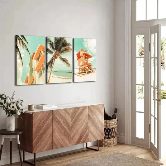 3pcs Miami Beach Palm Trees & Lifeguard Tower Wall Art Set Canvas Framed 40x60cm - High Quality Print 100% Australian Made Wall Canvas Ready to Hang