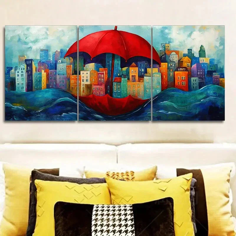 3pcs City view under a red umbrella Metal Print Ready to Hang Art