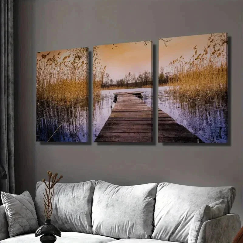 3pcs Scenic Lake Sunset Triptych paintings Wall Art Set Canvas Framed 40x60cm - High Quality Print 100% Australian Made Wall Canvas Ready to Hang