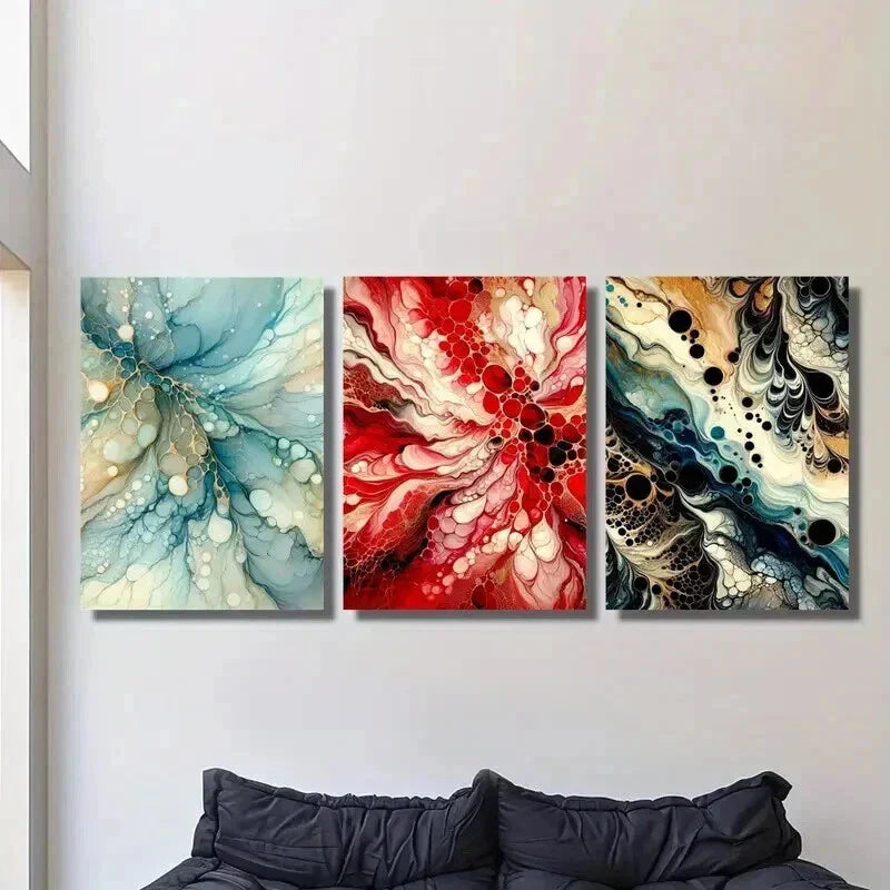 3pcs Blue Red and Black Abstract Fluid Texture Wall Art Set Canvas Framed 40x60cm - High Quality Print 100% Australian Made Wall Canvas Ready to Hang