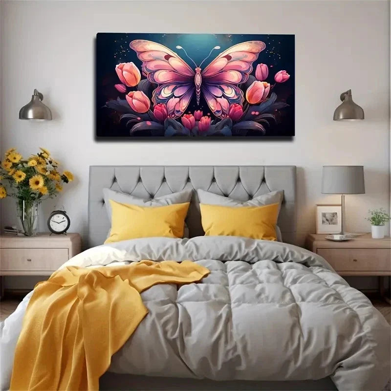 Mysterious Butterfly & Tulips Wall Art Canvas Office Home Room Framed 120x60cm