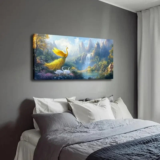 Golden Peacock And Swans Wall Art Canvas Office Home Room Framed 120x60cm