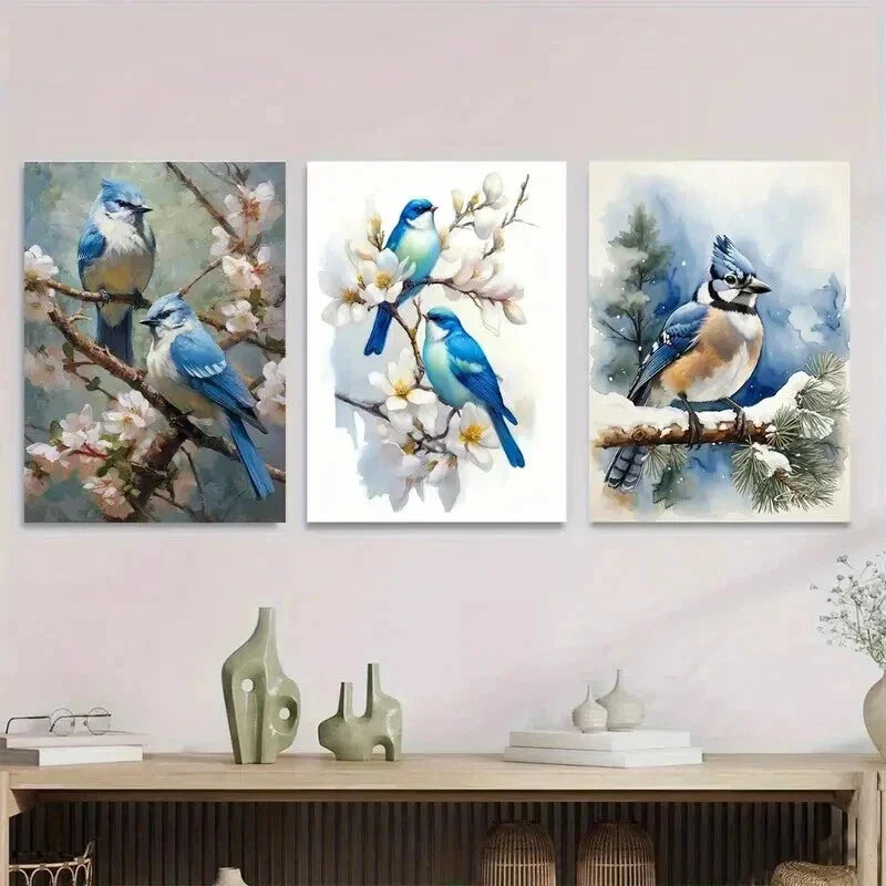 3pcs Blue Birds On Cherry Blossom Modern Classic Wall Art Set Canvas Framed 40x60cm - High Quality Print 100% Australian Made Wall Canvas Ready to Hang