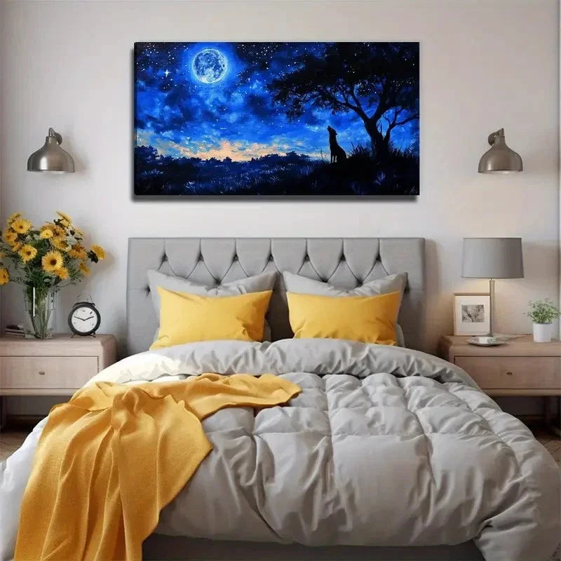 Blue & Black Night Sky Wolf Wall Art Canvas Office Home Room Framed 120x60cm