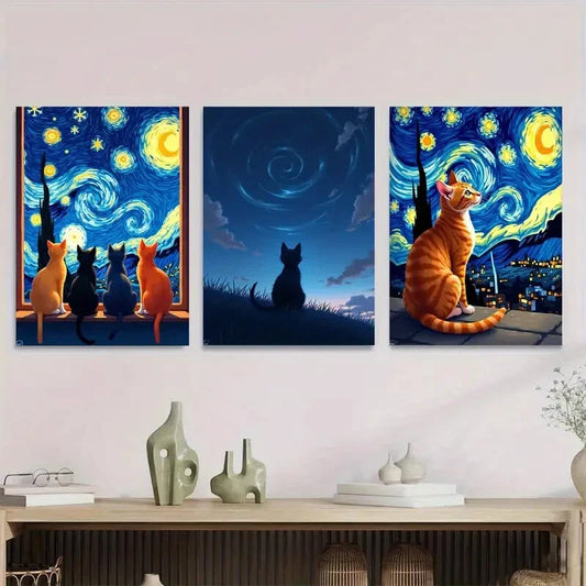 3pcs Starry Night Cat Orange Tabby & Silhouetted Metal Print Ready to Hang Art