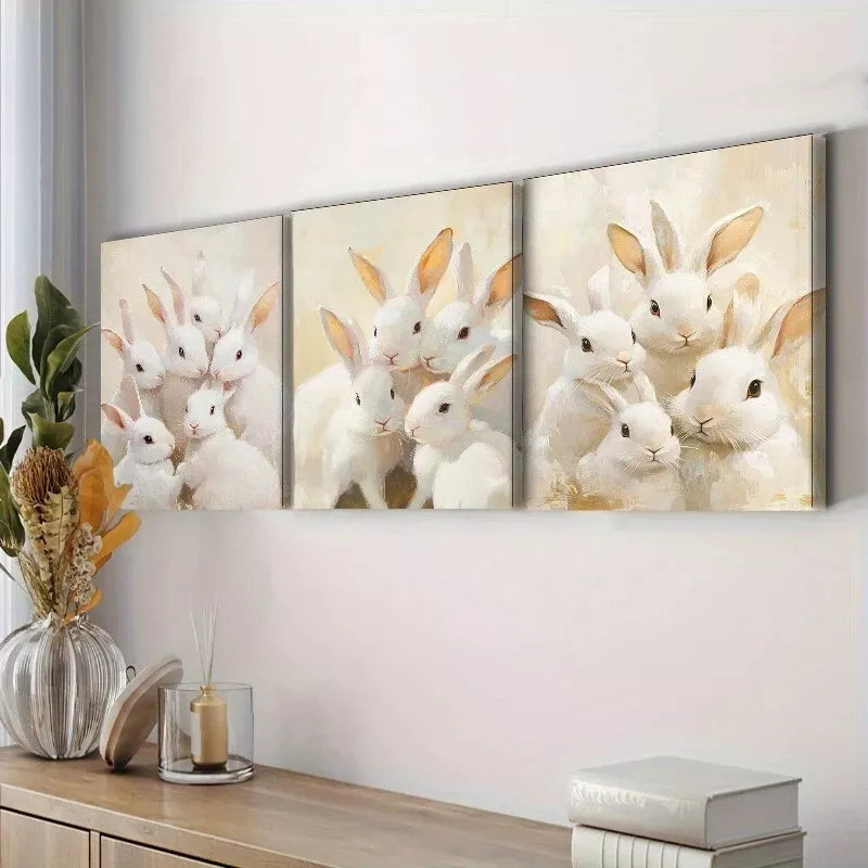 3pcs White Rabbits Canvas Adorable Animals  Wall Art Set Canvas Framed 40x60cm - High Quality Print 100% Australian Made Wall Canvas Ready to Hang